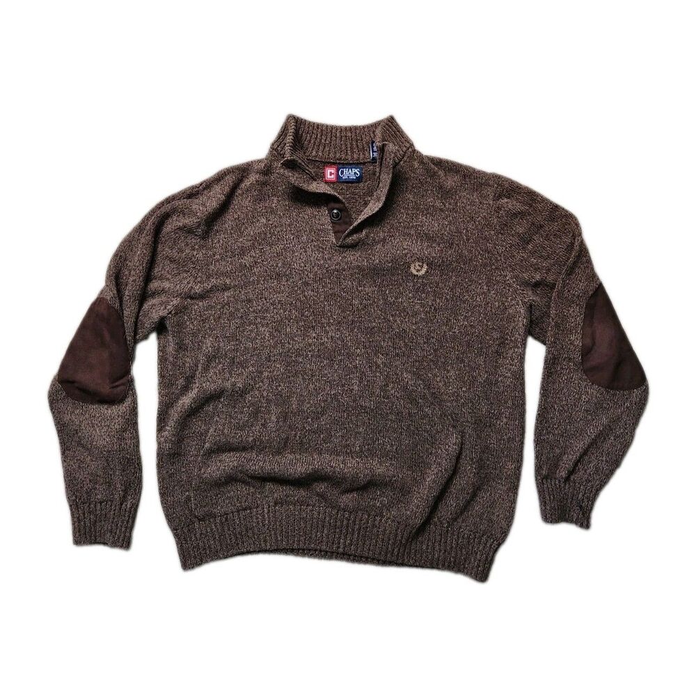 Chaps Heavyweight Knit Pullover Sweater 1/4 Button Elbow Patches Brown XL EUC